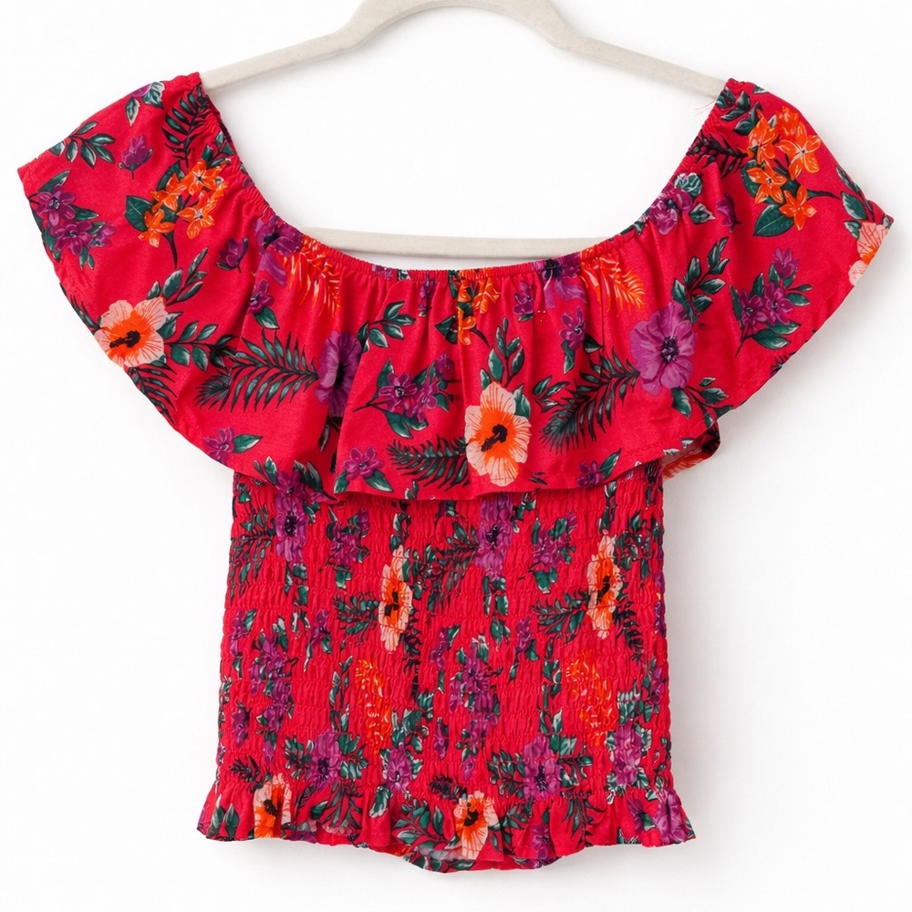 Mi Ami Red Floral Smocked Off Shoulder Top Size S Ruffle Crop